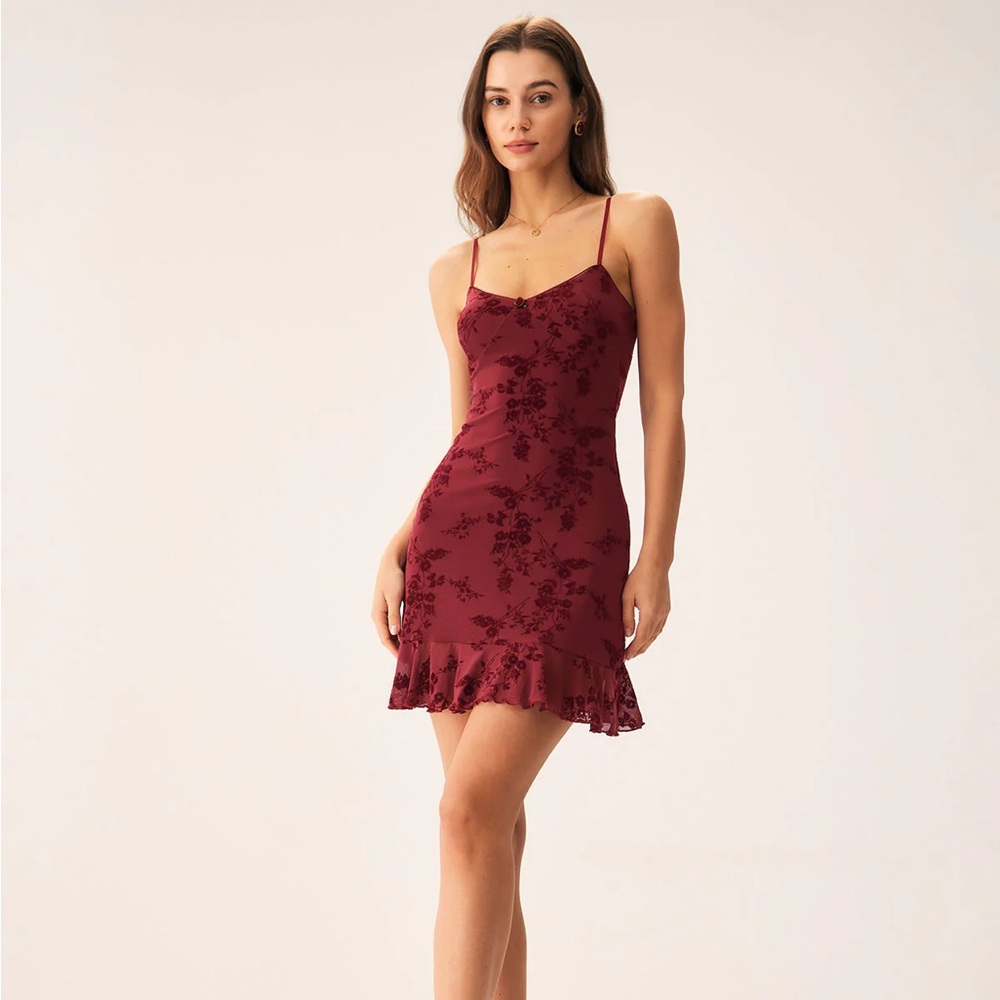 RIHOAS Red Floral Mesh Slip Mini Dress XS